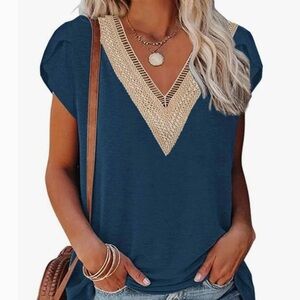 NWT Teal Crochet Trim V Neck Top